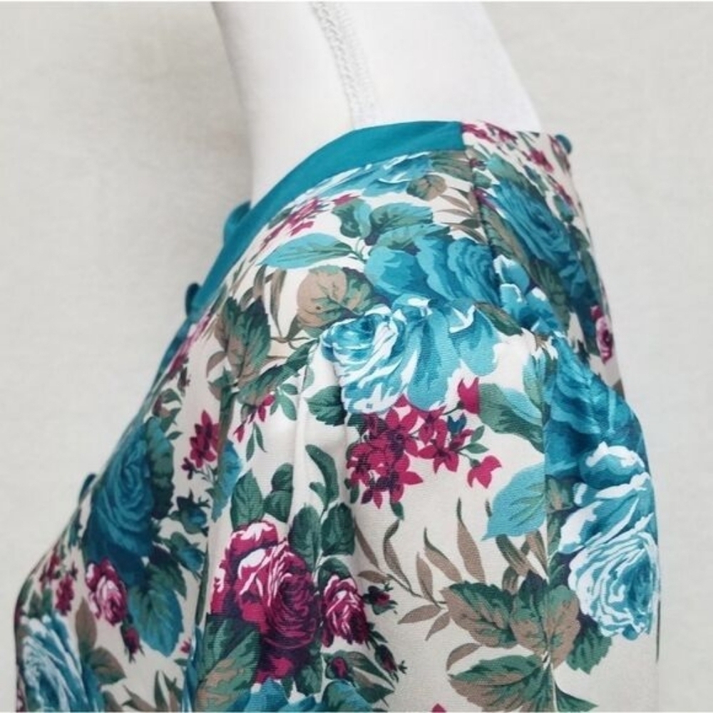 80s Vintage Classic Apparel Teal Cabbage Rose Pleated Quarter Sleeve Midi Dress - Picture 8 of 15